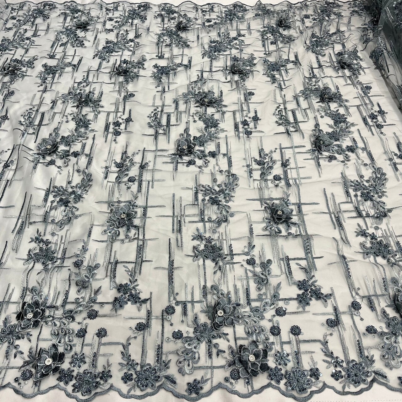 1 Yard Beaded Rhinestone 3D Floral Lace Fabric for Wedding Gowns and Dance Costumes 50" Width